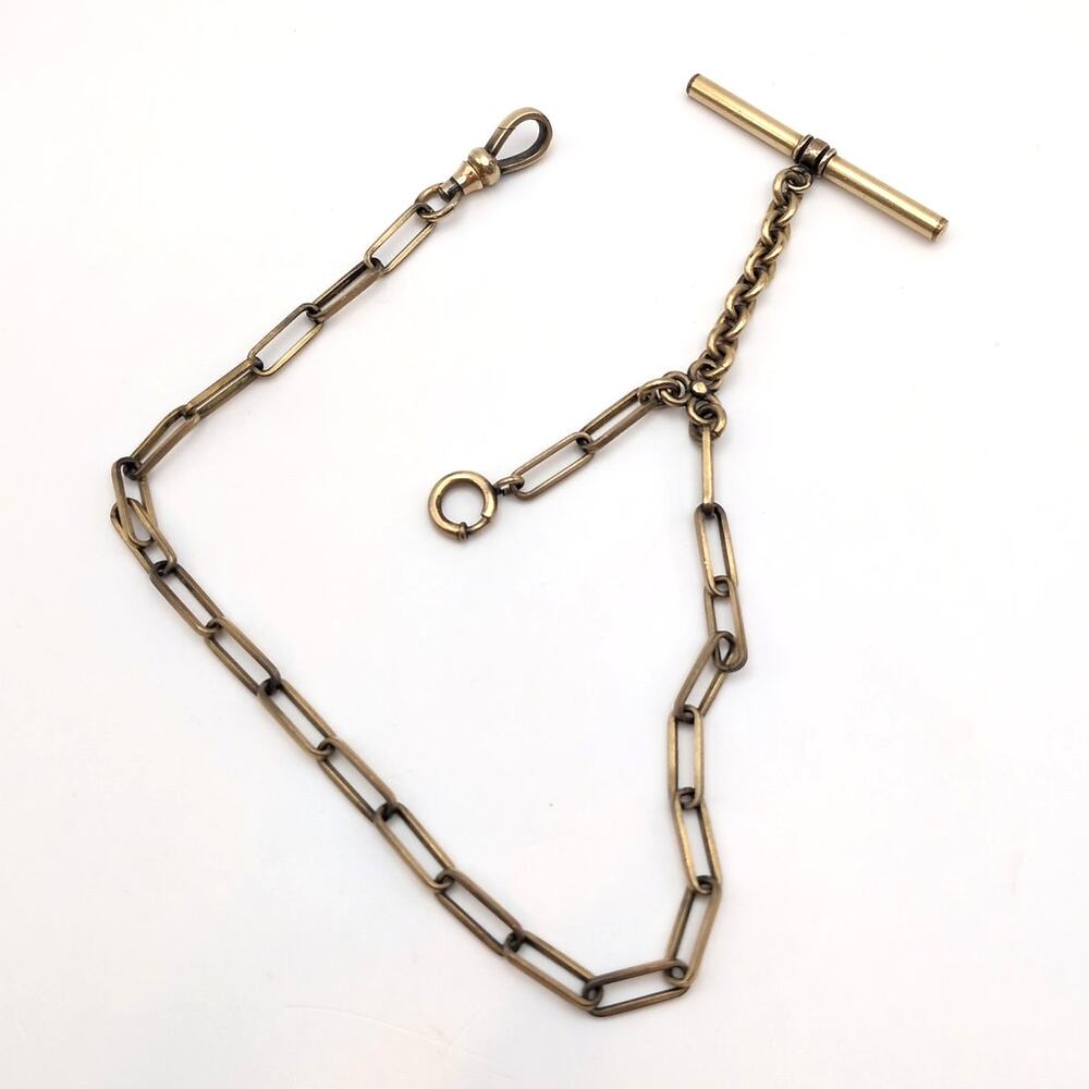 Antique Vintage Gold Filled Pocket Watch Fob Paperclip Chain and T-Bar 4.4mm